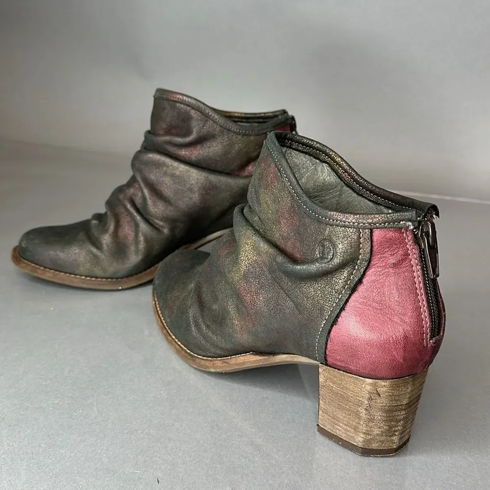 DKODE Ankle Boots Leather Metallic Distressed Pink Heel Size 37 US 6.5 (A-1503)